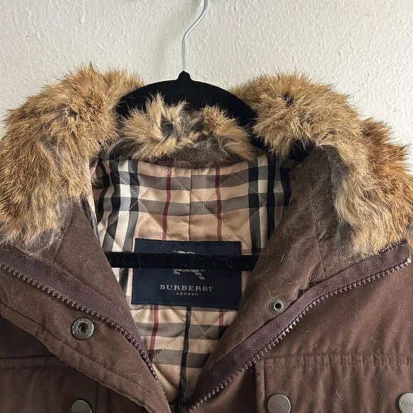 Burberry London Rabbit Fur Trimmed Stand Collar Tench Coat with Belt - Picture 6 of 11